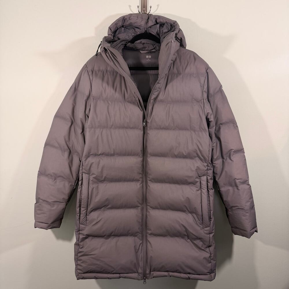Uniqlo Men Grey Nylon Shell Seamless Hooded Full Zip Down Jacket Size XL